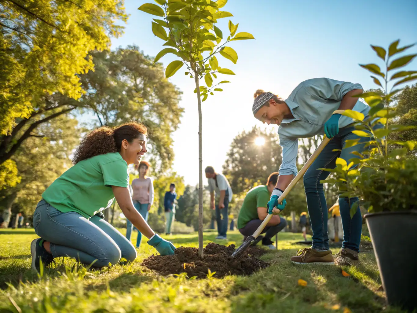 A vibrant image of volunteers planting native trees in a lush hillside of Álora, showcasing the organization's commitment to reforestation and environmental restoration.