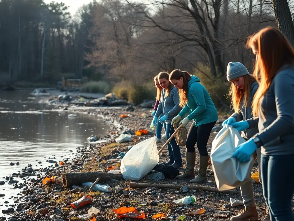 A diverse group of community members participating in a clean-up event along the riverbank in Álora, demonstrating the organization's focus on community engagement.